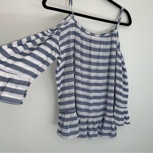 Beachlunchlounge white‎ blue stripe gold shoulder bell sleeve top XL cotton